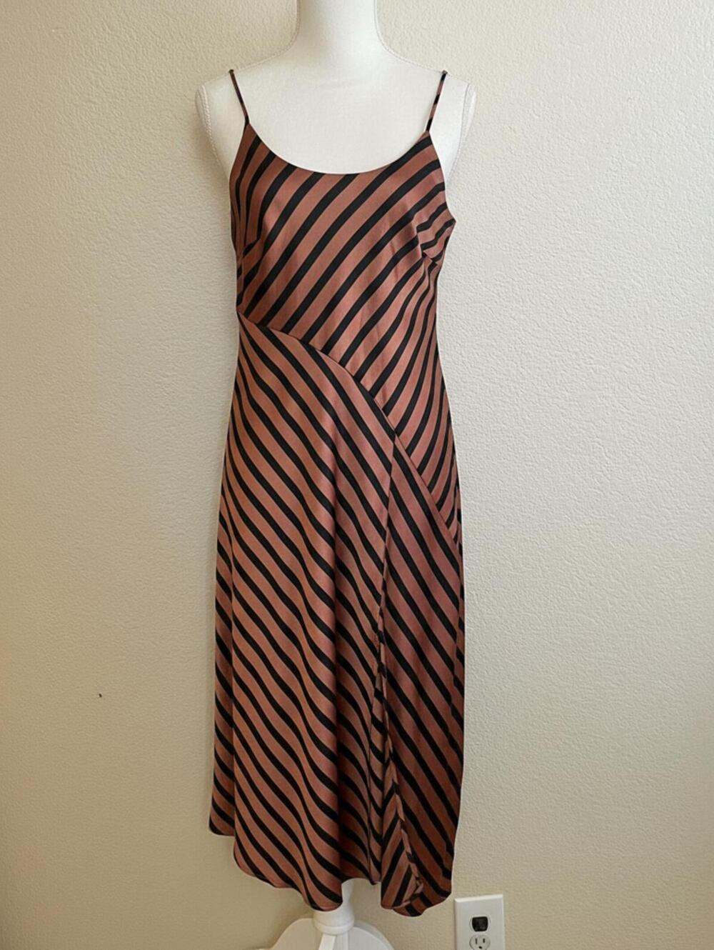 Chic Brown and Black Striped satin Midi Slip Dress